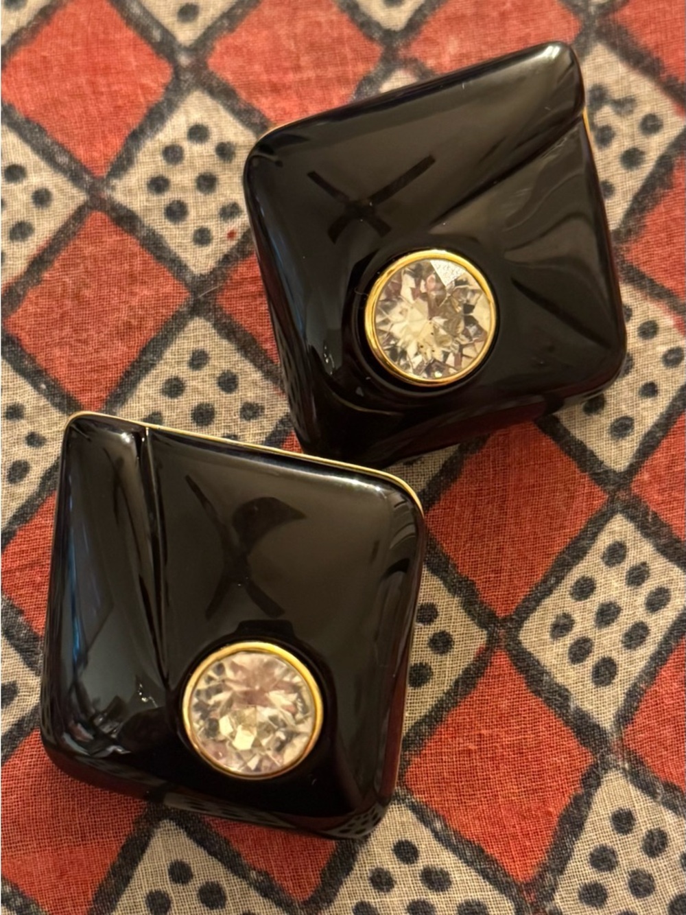 Black Diamond Lucite VTG Italian Earrings with Clear Crystal and Gold Trim - Picture 2 of 13